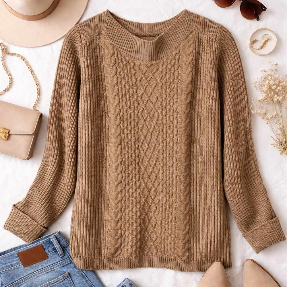 Tommy Hilfiger Camel Color Cable Knit Crew Neck Sweater Size L/XL